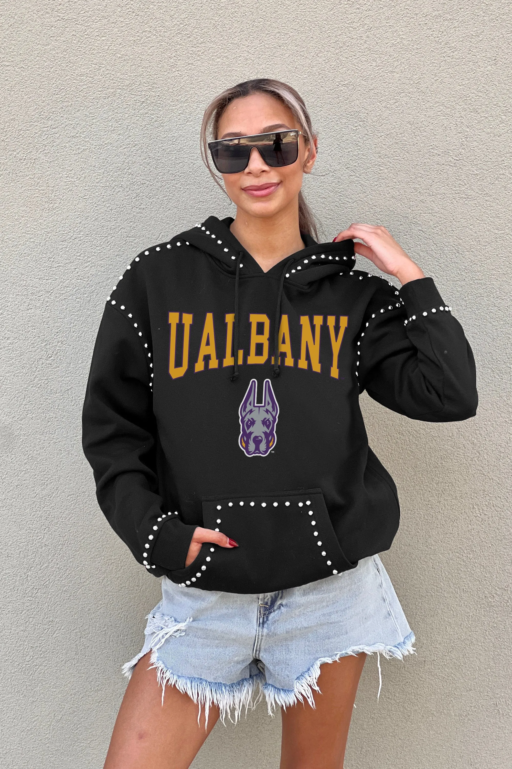 ALBANY GREAT DANES BELLE OF THE BALL STUDDED DETAIL FLEECE FRONT POCKET HOODIE