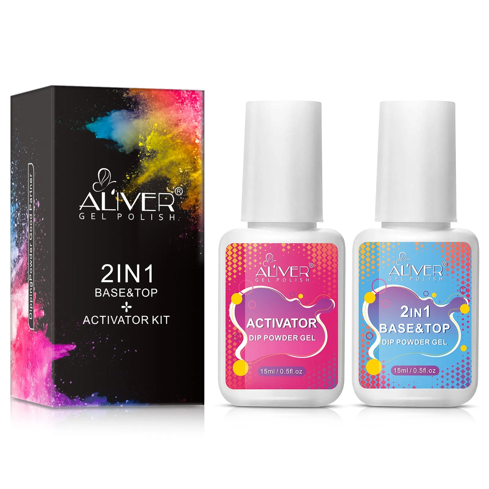 Aliver Dipping Powder Liquid Set,  2 in 1 Base & Top Coat and Activator