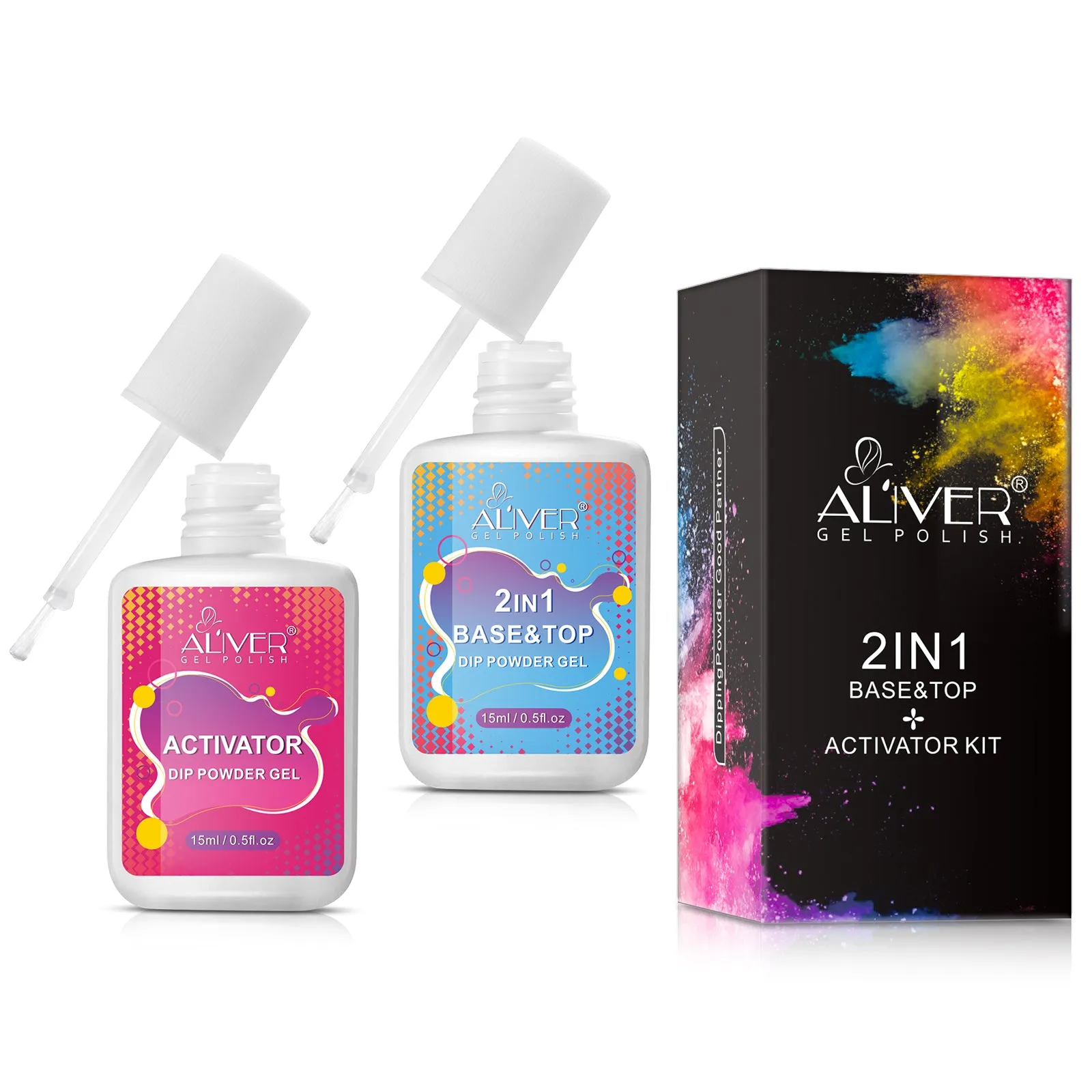 Aliver Dipping Powder Liquid Set,  2 in 1 Base & Top Coat and Activator