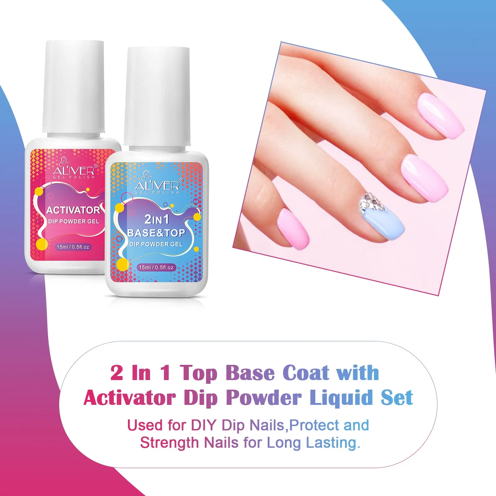 Aliver Dipping Powder Liquid Set,  2 in 1 Base & Top Coat and Activator