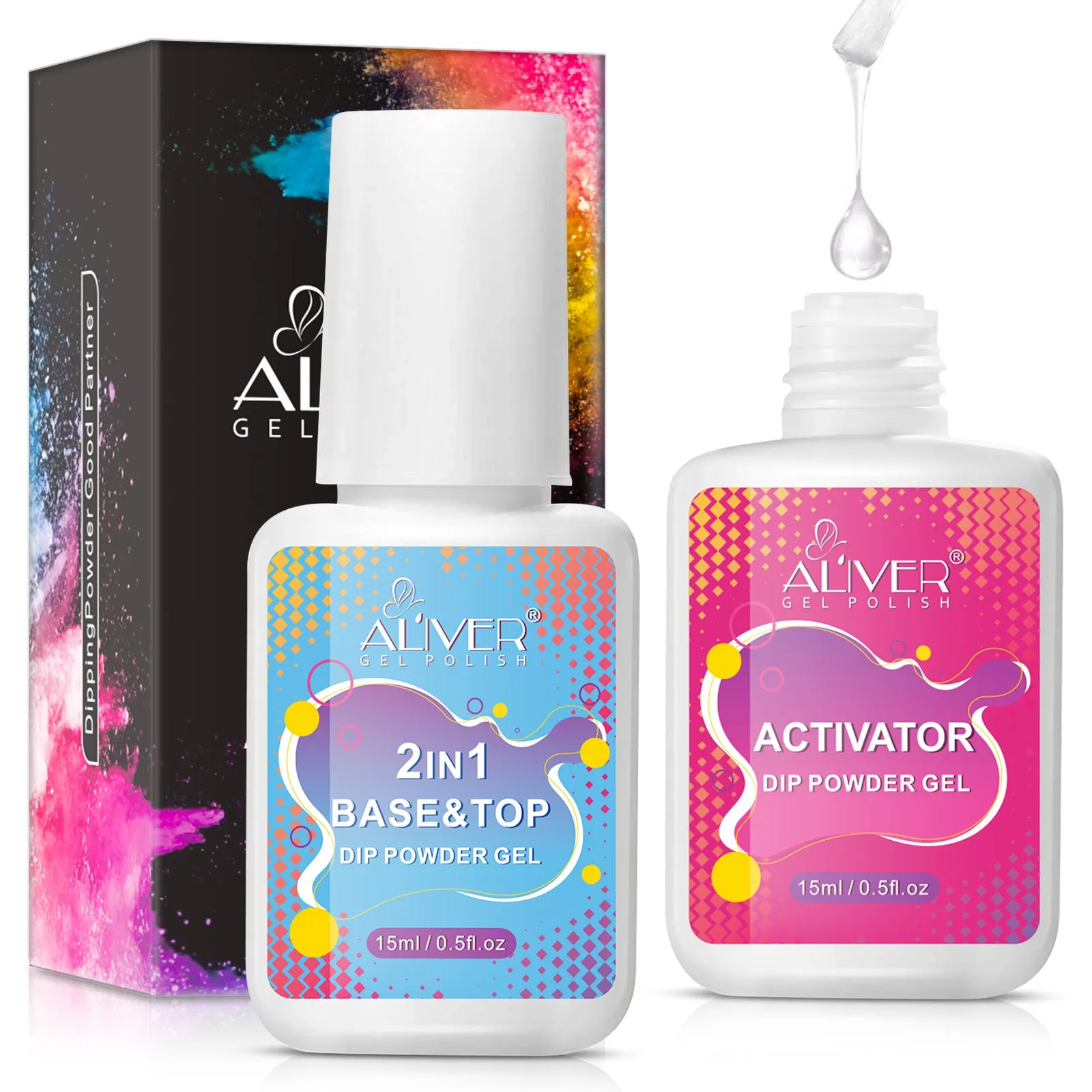 Aliver Dipping Powder Liquid Set,  2 in 1 Base & Top Coat and Activator