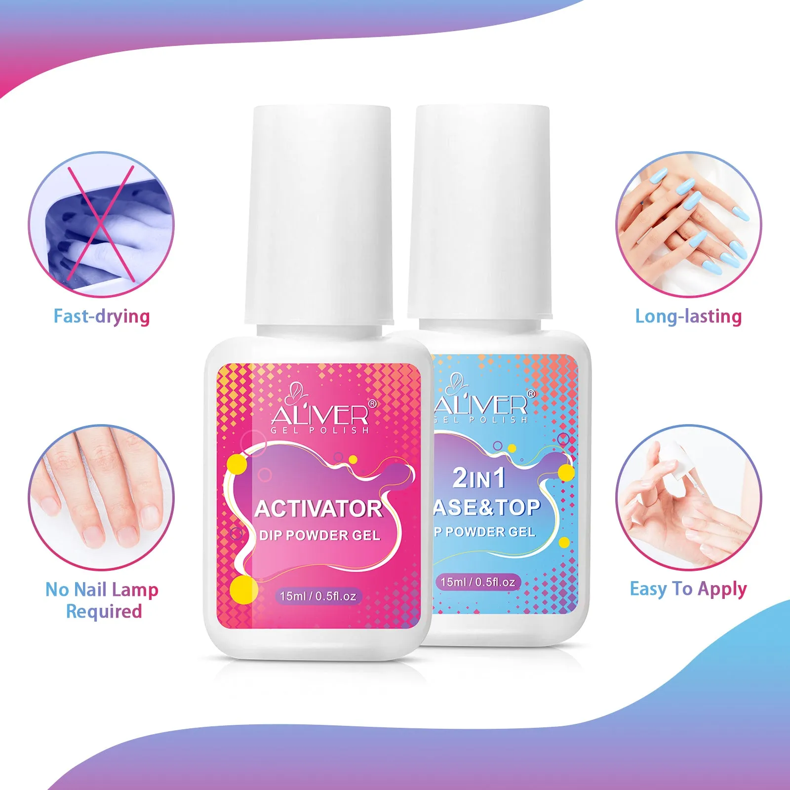 Aliver Dipping Powder Liquid Set,  2 in 1 Base & Top Coat and Activator