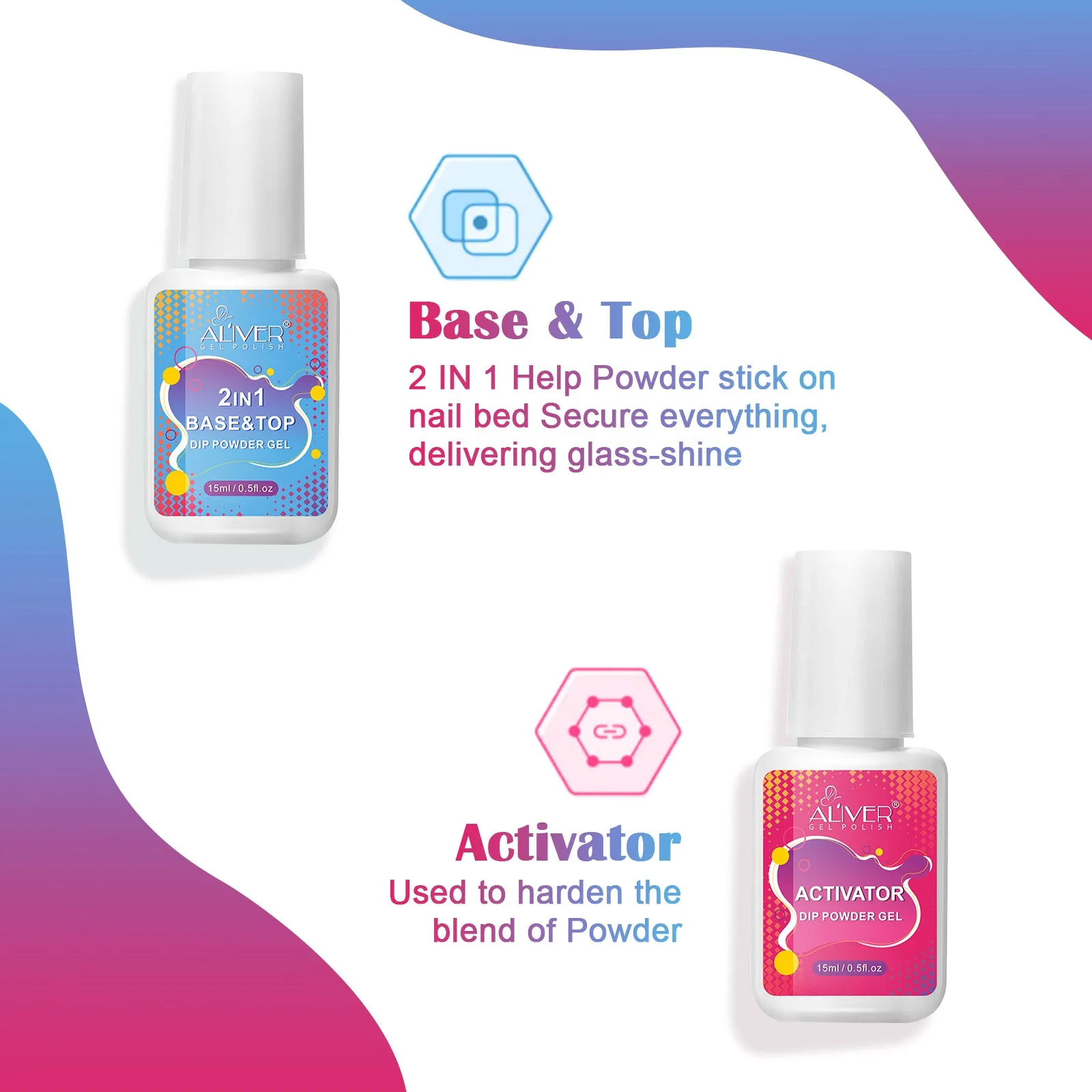 Aliver Dipping Powder Liquid Set,  2 in 1 Base & Top Coat and Activator