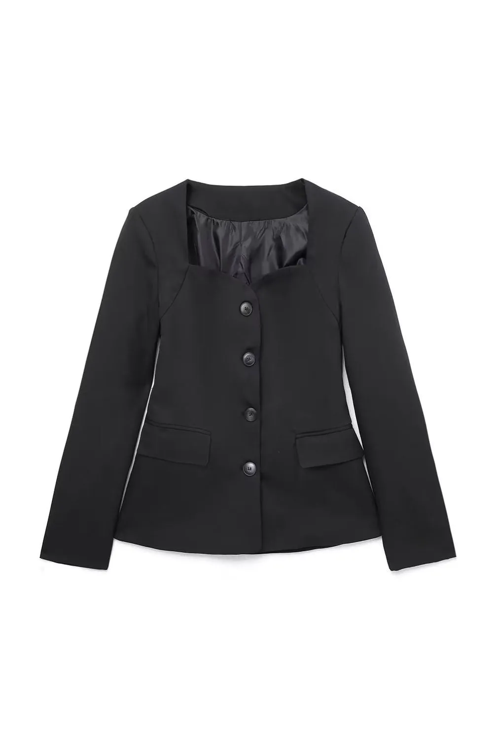 'Amelia' Black Heart-Neck Slim Blazer Jacket