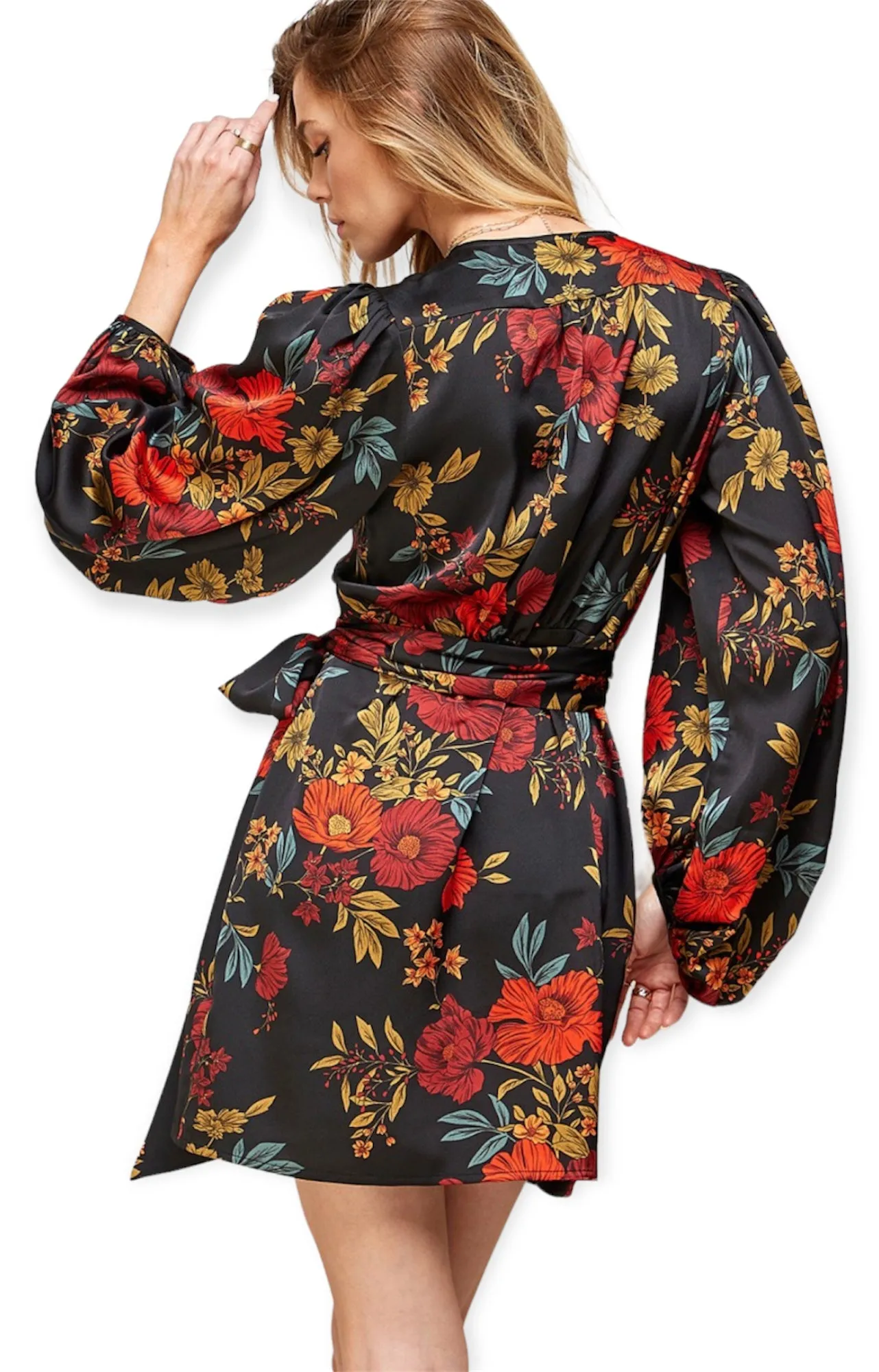 April's Black Floral Satin Wrap Dress