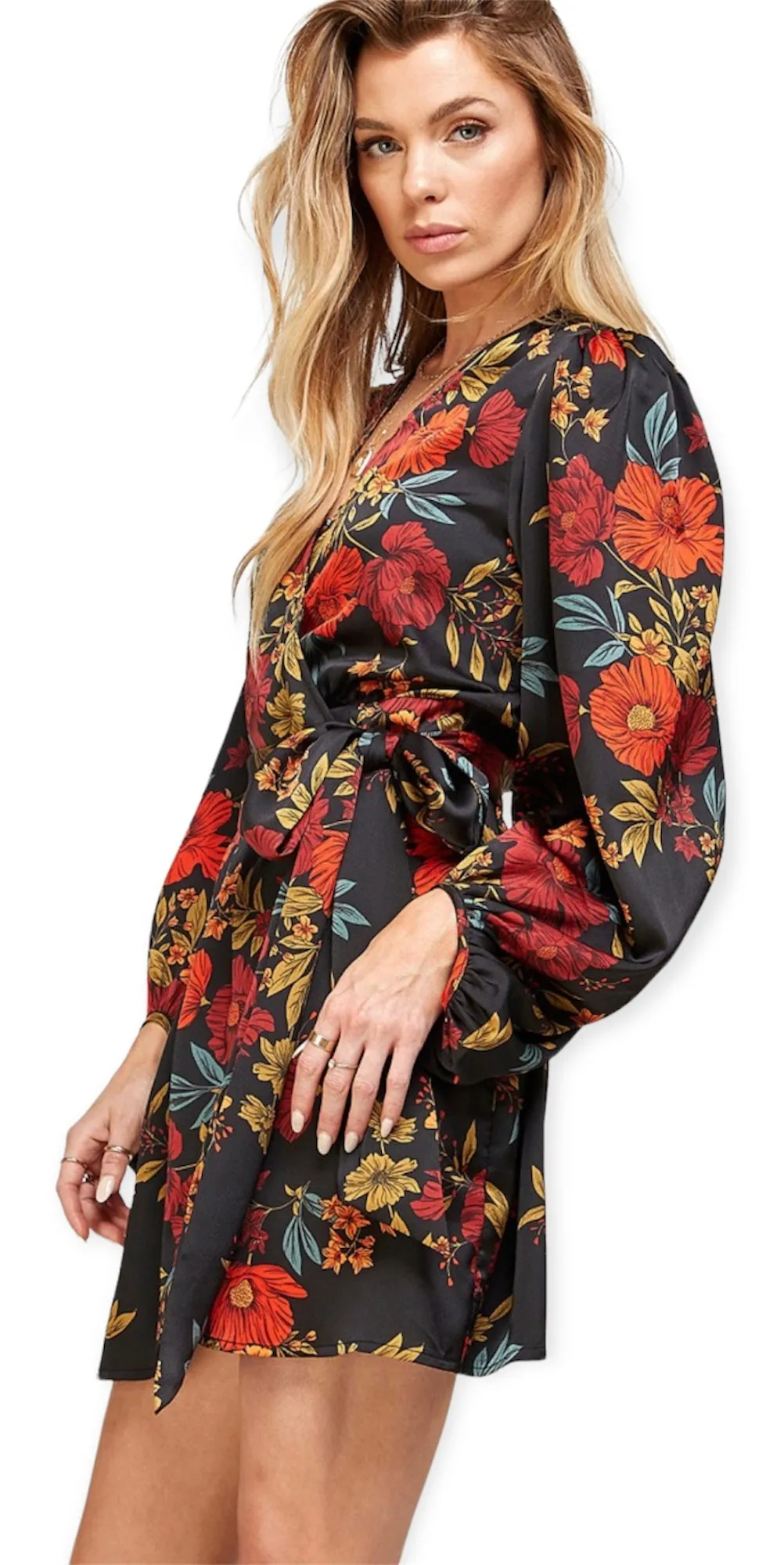 April's Black Floral Satin Wrap Dress