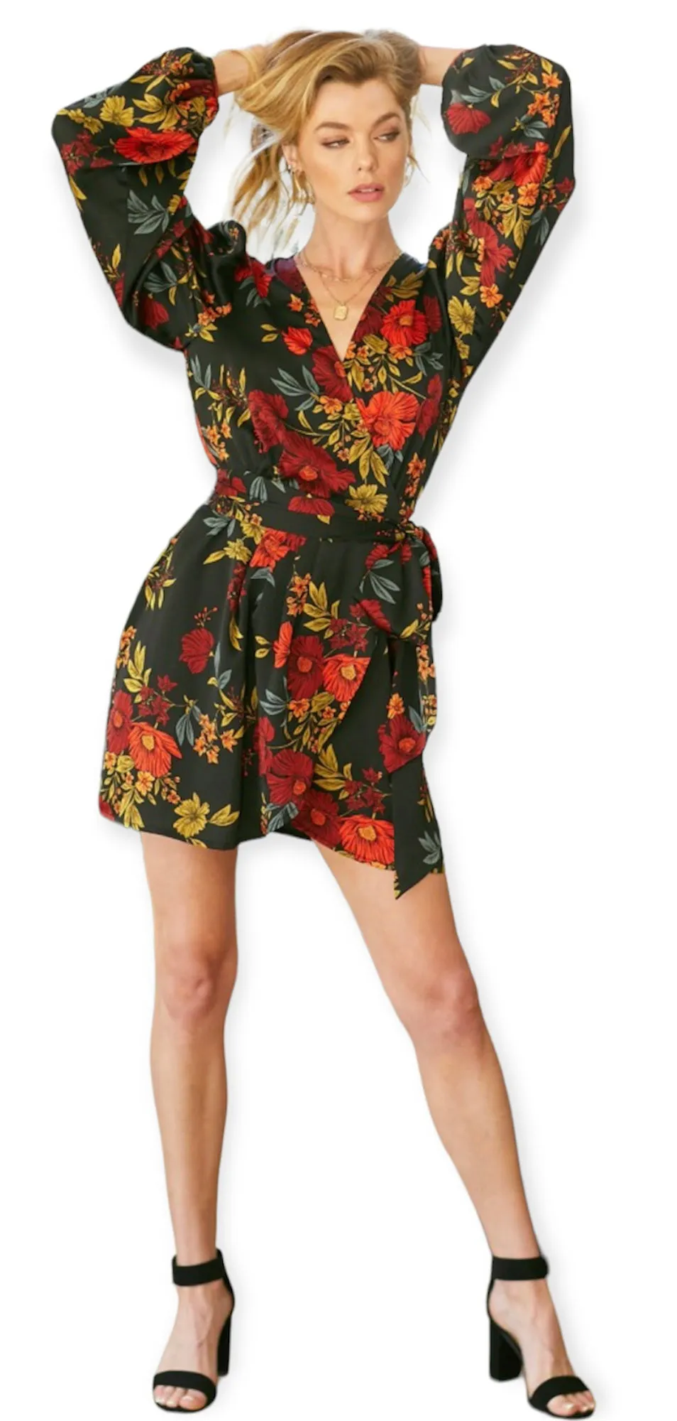 April's Black Floral Satin Wrap Dress