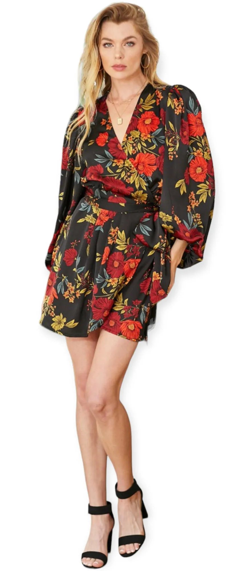 April's Black Floral Satin Wrap Dress