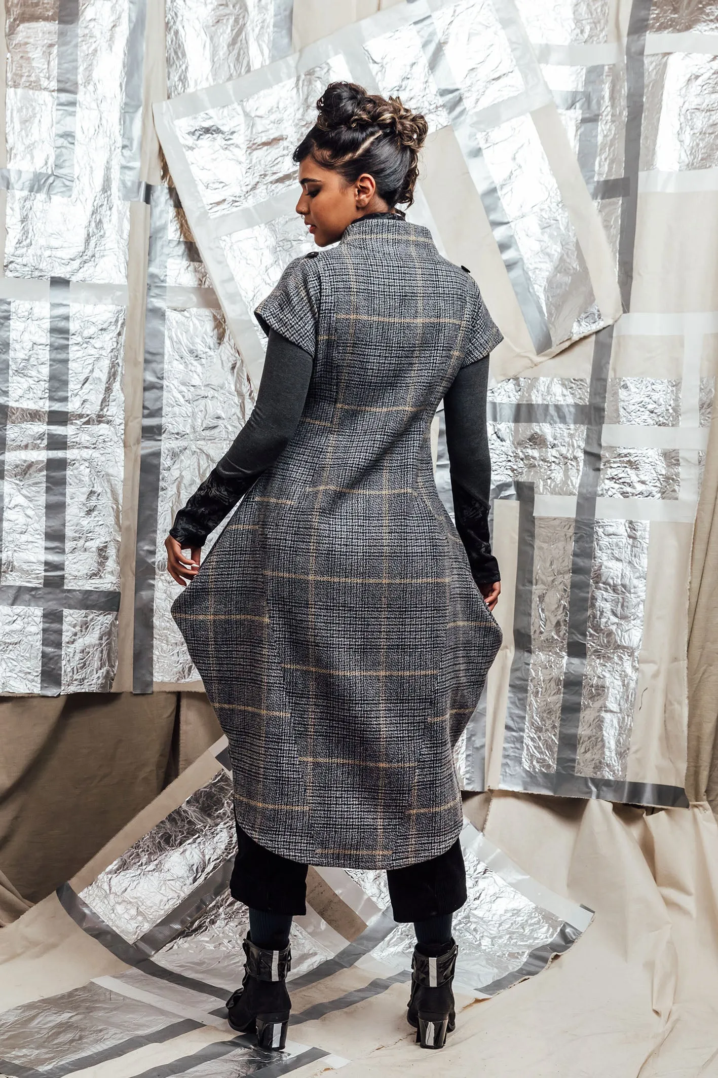 AW23 ALVIA HOODED CAPE DRESS - GRAPHITE PLAID