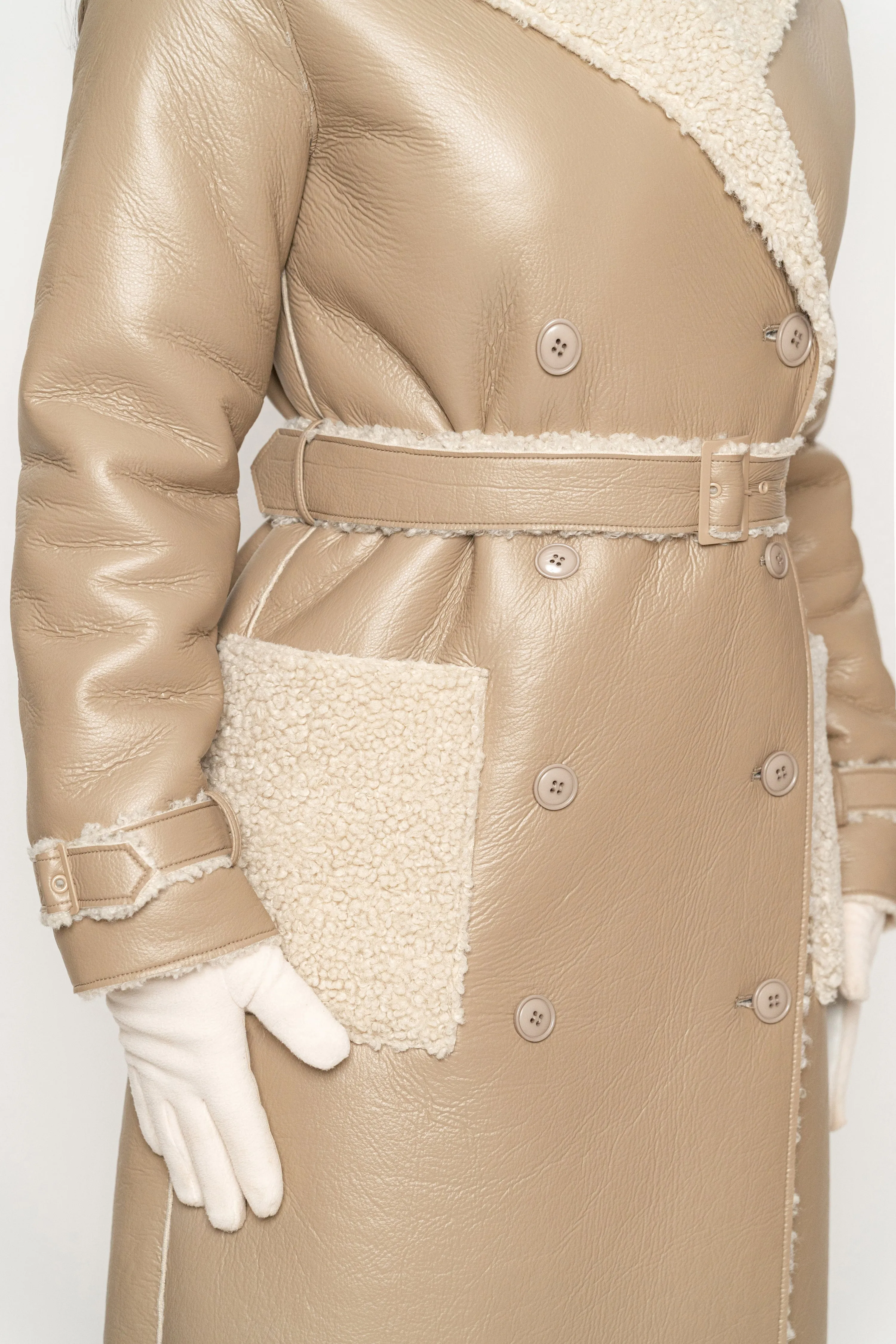 Beige/Ivory Sherpa And Faux Leather Coat