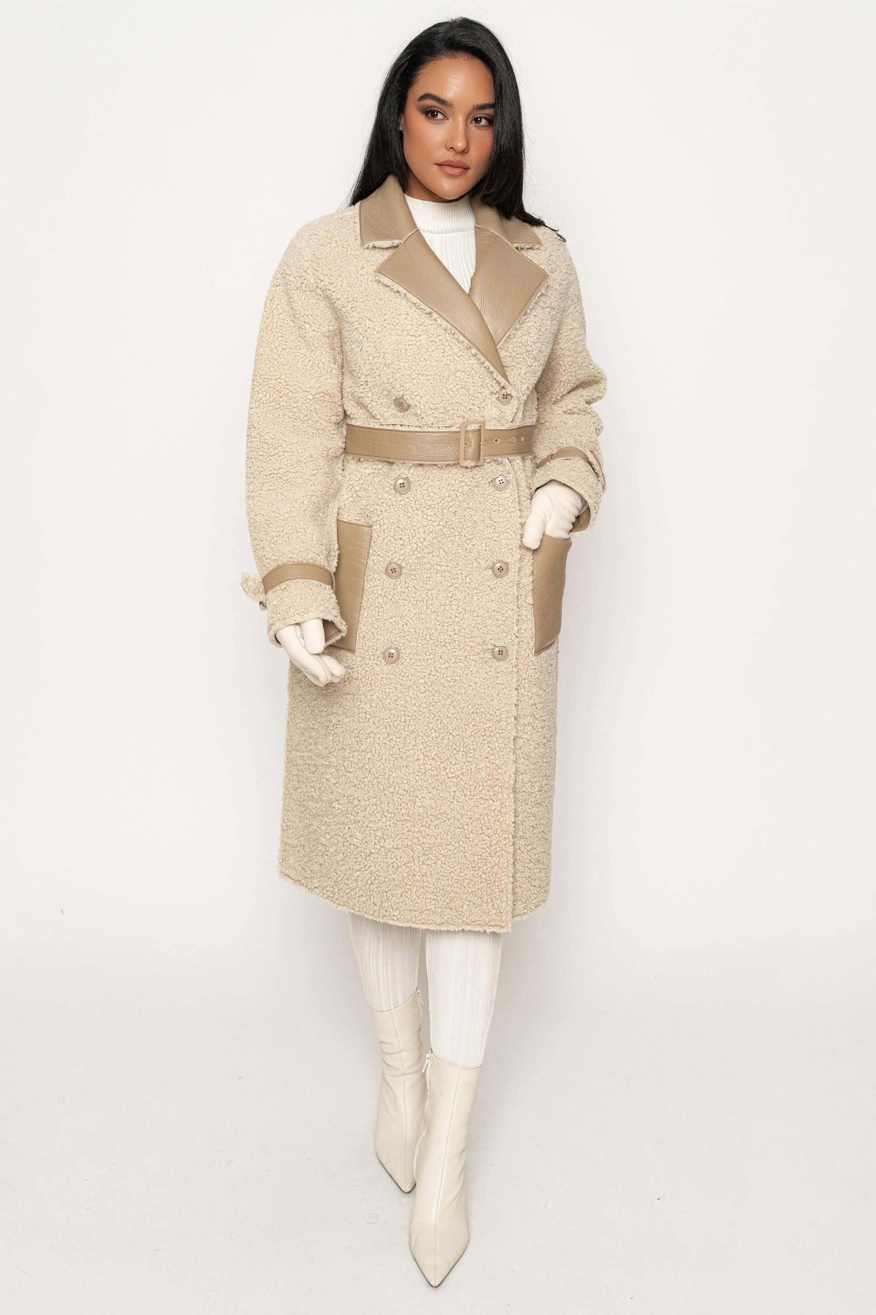 Beige/Ivory Sherpa And Faux Leather Coat