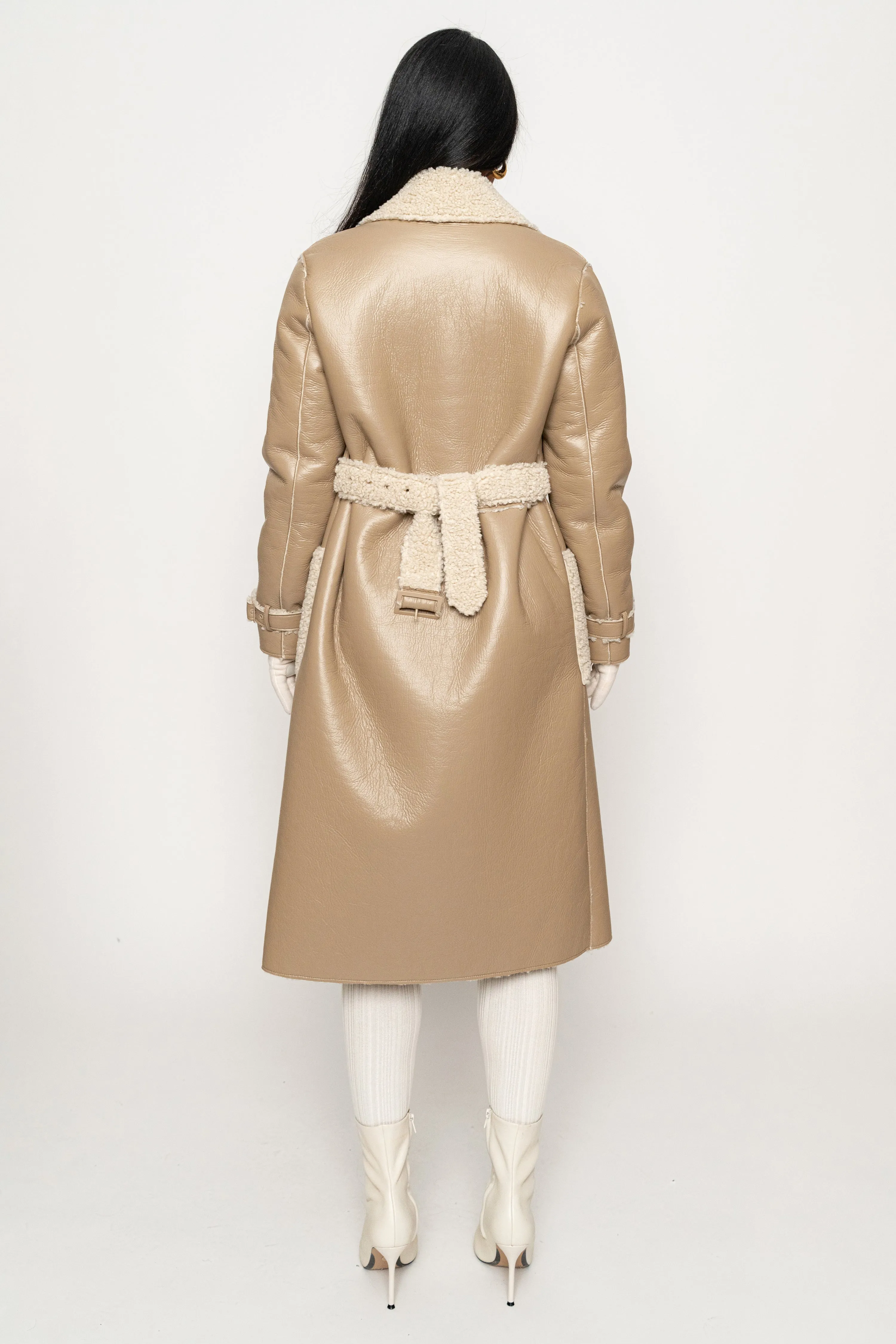 Beige/Ivory Sherpa And Faux Leather Coat