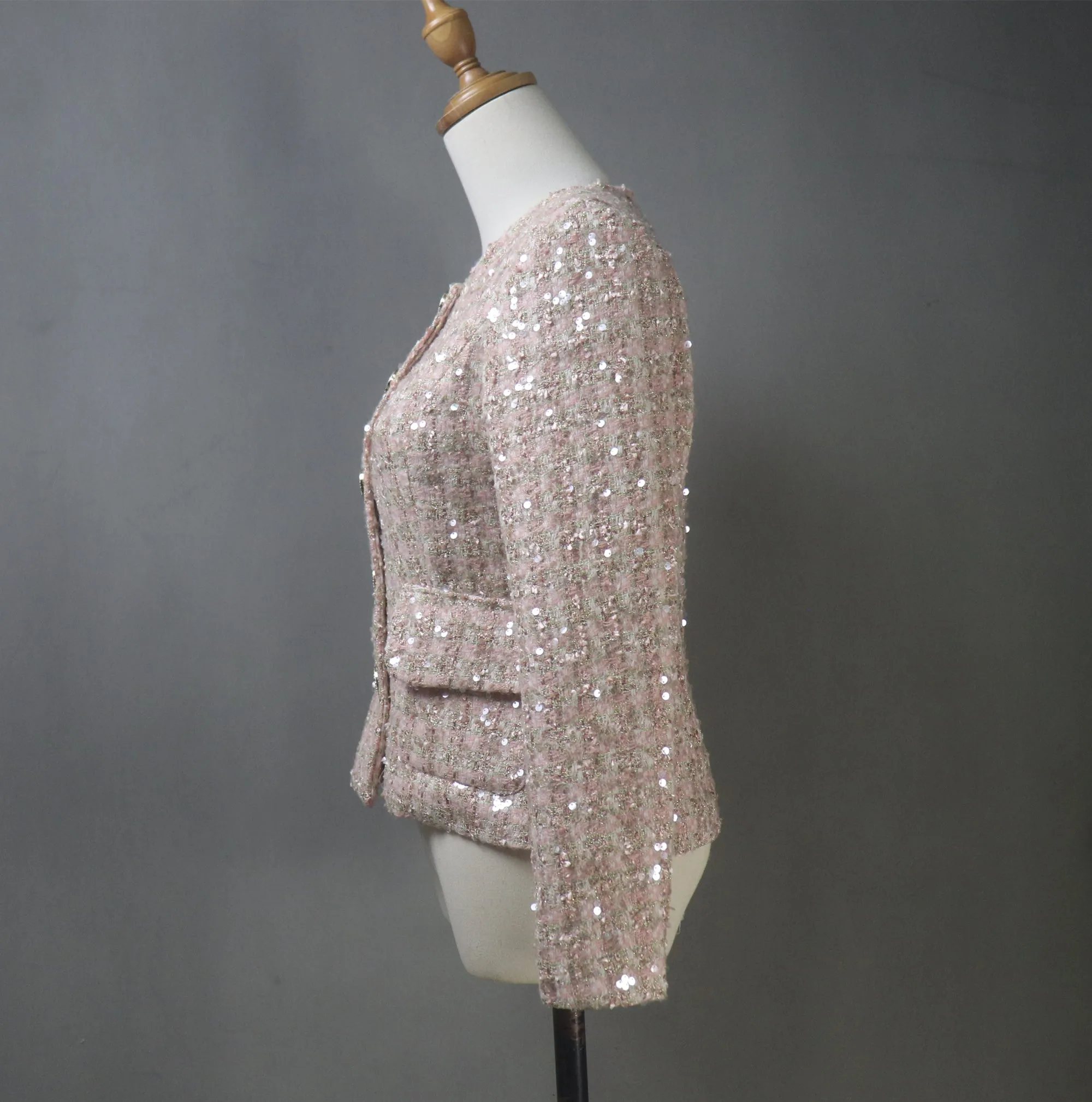 Bespoke Glamorous Dusty Pink Sequinned Tweed Jacket / Suit– Plus Size