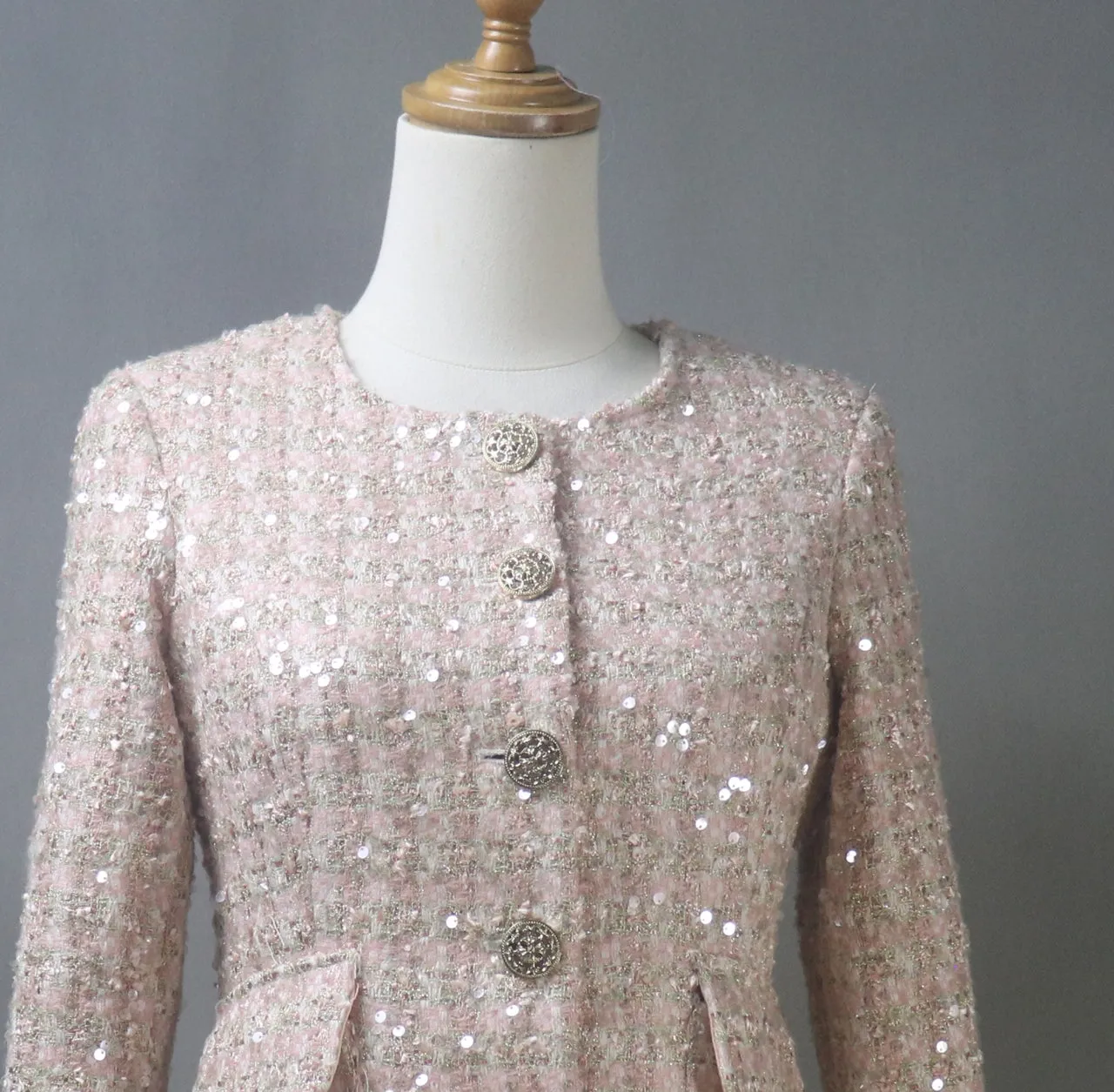 Bespoke Glamorous Dusty Pink Sequinned Tweed Jacket / Suit– Plus Size