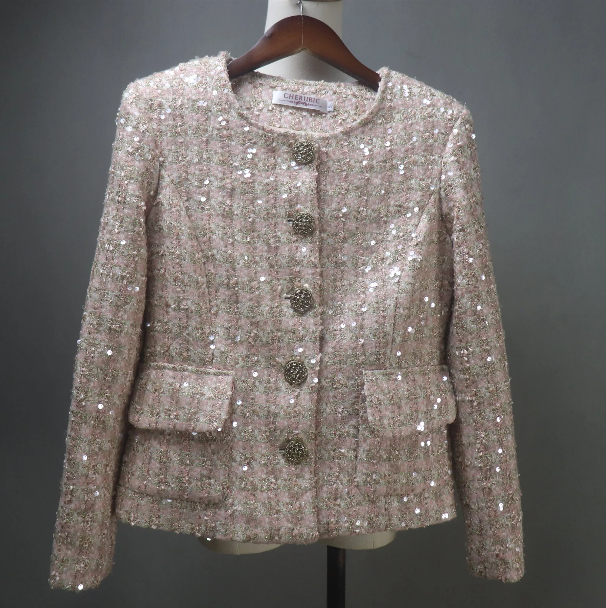 Bespoke Glamorous Dusty Pink Sequinned Tweed Jacket / Suit– Plus Size