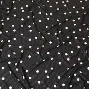 Black Italian viscose crepe fabric with off white print having gold metallic lurex stripe in Polka dot design-D7807