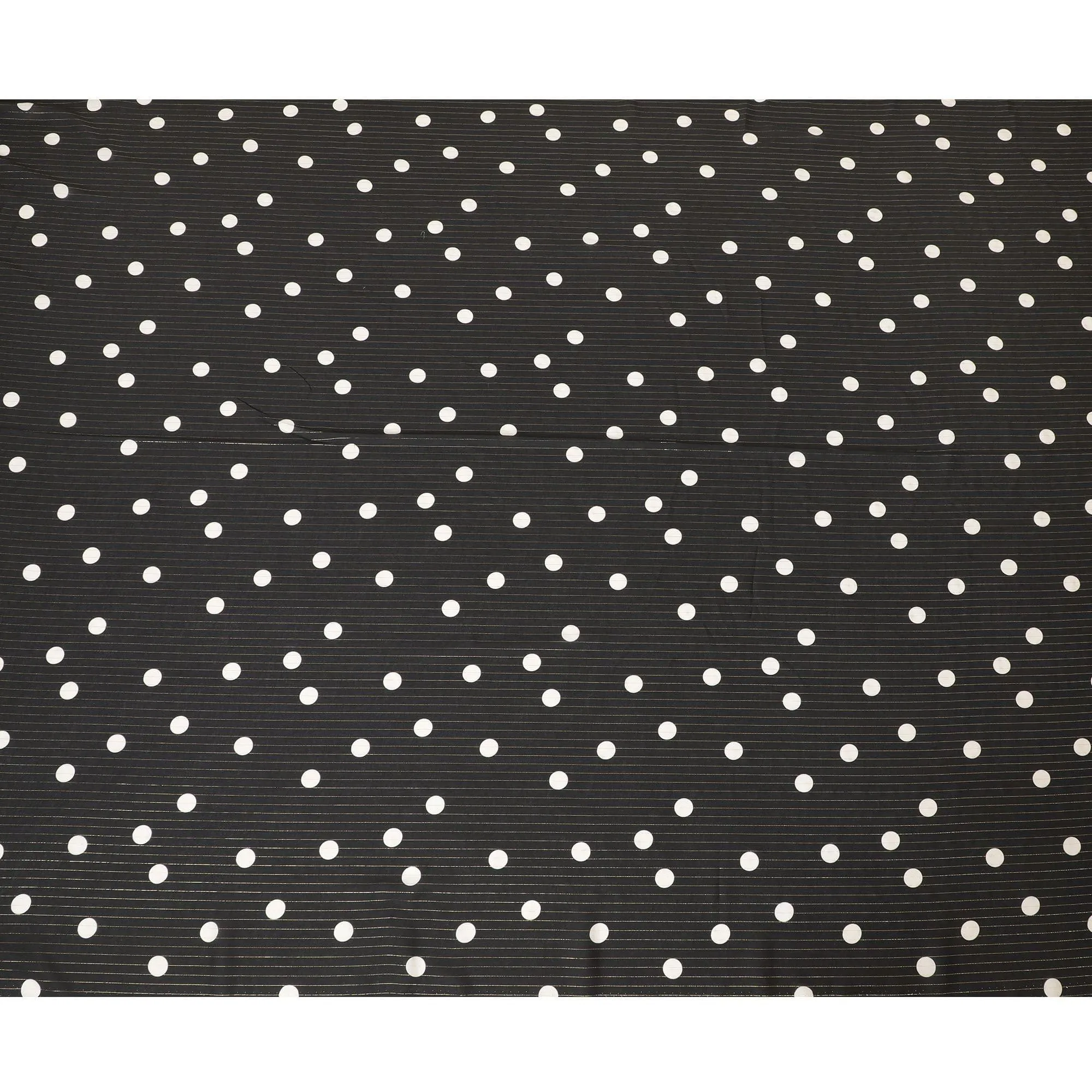 Black Italian viscose crepe fabric with off white print having gold metallic lurex stripe in Polka dot design-D7807