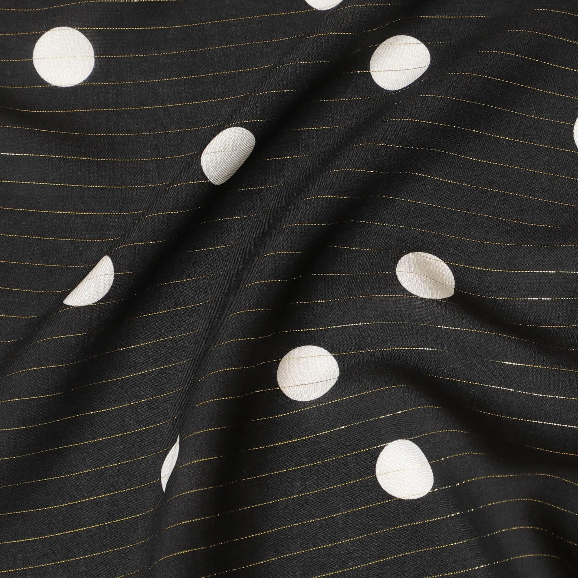 Black Italian viscose crepe fabric with off white print having gold metallic lurex stripe in Polka dot design-D7807