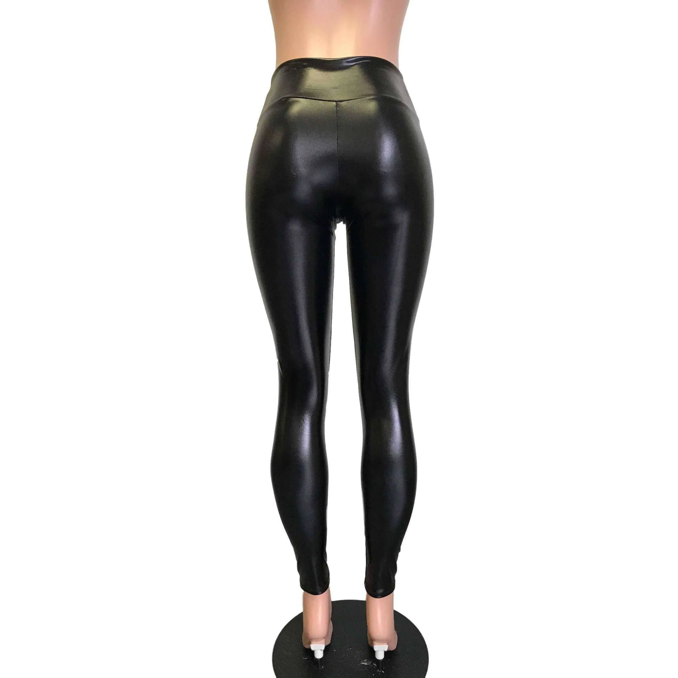 Black Metallic "Wet Look" Faux Leather High Waisted Leggings Pants