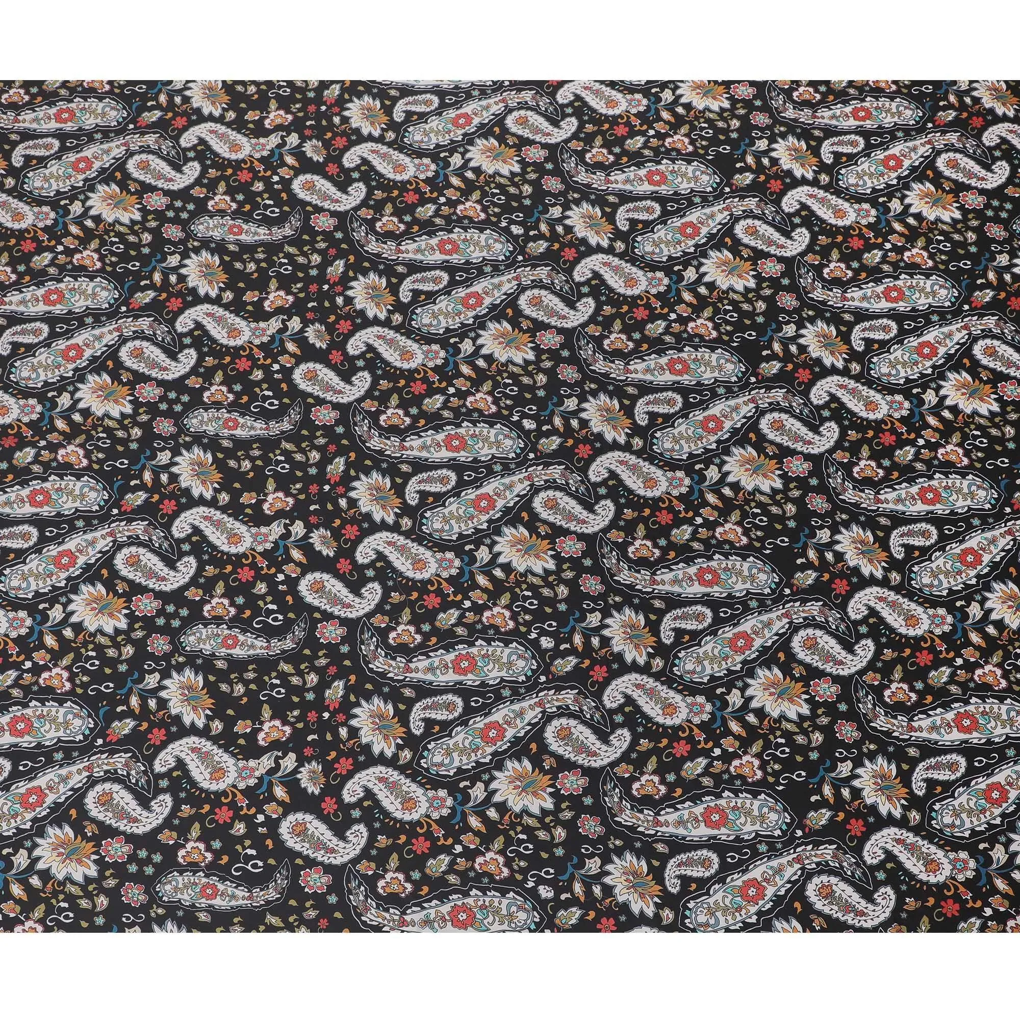 Black synthetic crepe fabric with multicolor print in paisley design-D15657