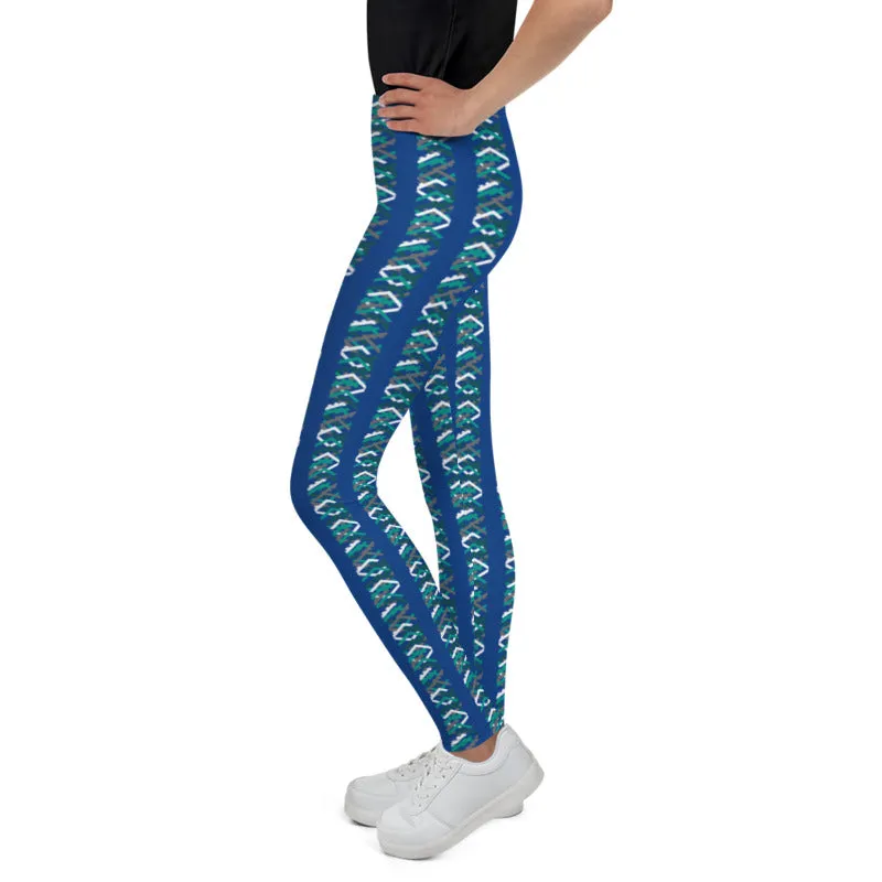 Blue Green Chevron Print Youth Leggings 38-40 UPF Gym Sports Pants - Made in USA/EU