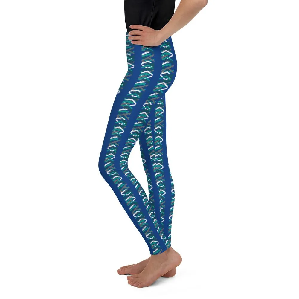 Blue Green Chevron Print Youth Leggings 38-40 UPF Gym Sports Pants - Made in USA/EU