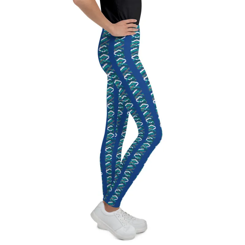 Blue Green Chevron Print Youth Leggings 38-40 UPF Gym Sports Pants - Made in USA/EU