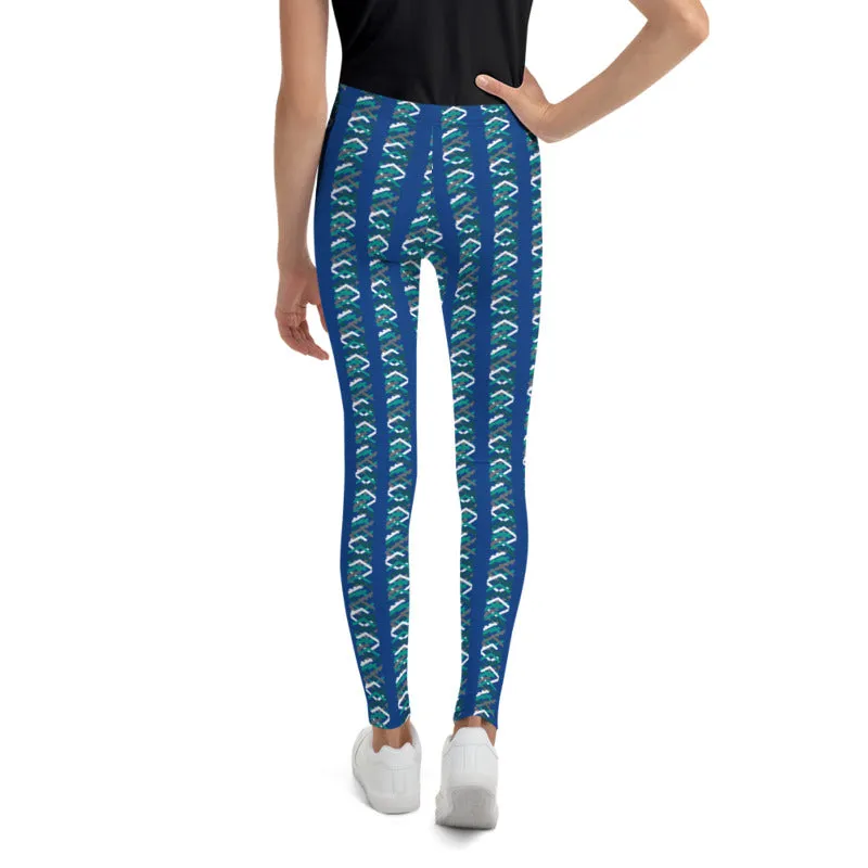 Blue Green Chevron Print Youth Leggings 38-40 UPF Gym Sports Pants - Made in USA/EU