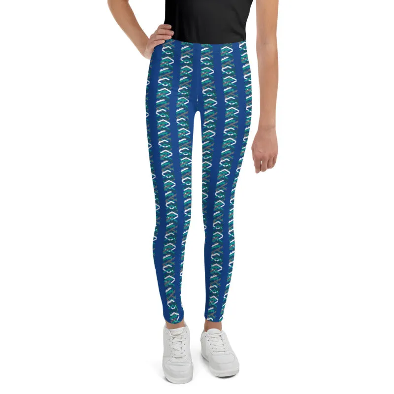 Blue Green Chevron Print Youth Leggings 38-40 UPF Gym Sports Pants - Made in USA/EU