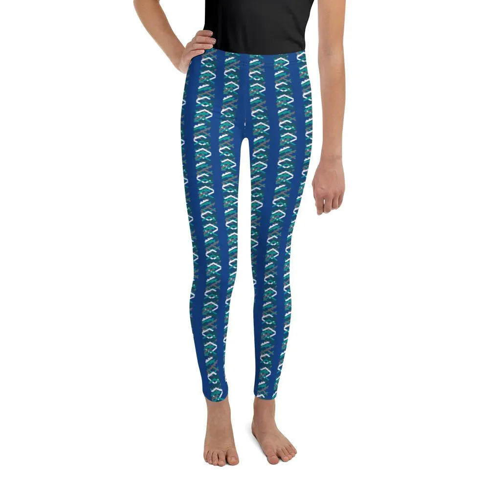 Blue Green Chevron Print Youth Leggings 38-40 UPF Gym Sports Pants - Made in USA/EU