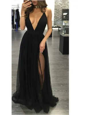 Boho Black Flowy Long Prom Dress | Sexy Plunge V neck Evening Dress