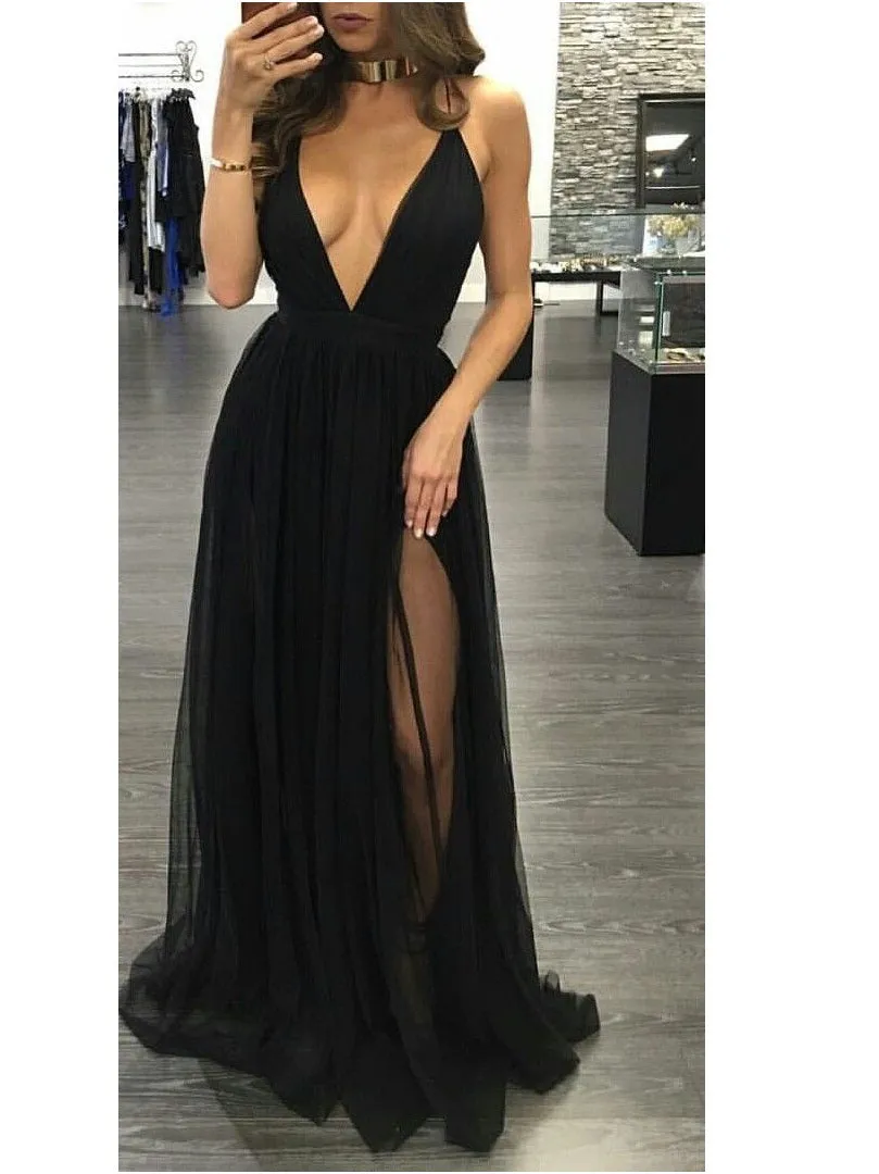 Boho Black Flowy Long Prom Dress | Sexy Plunge V neck Evening Dress