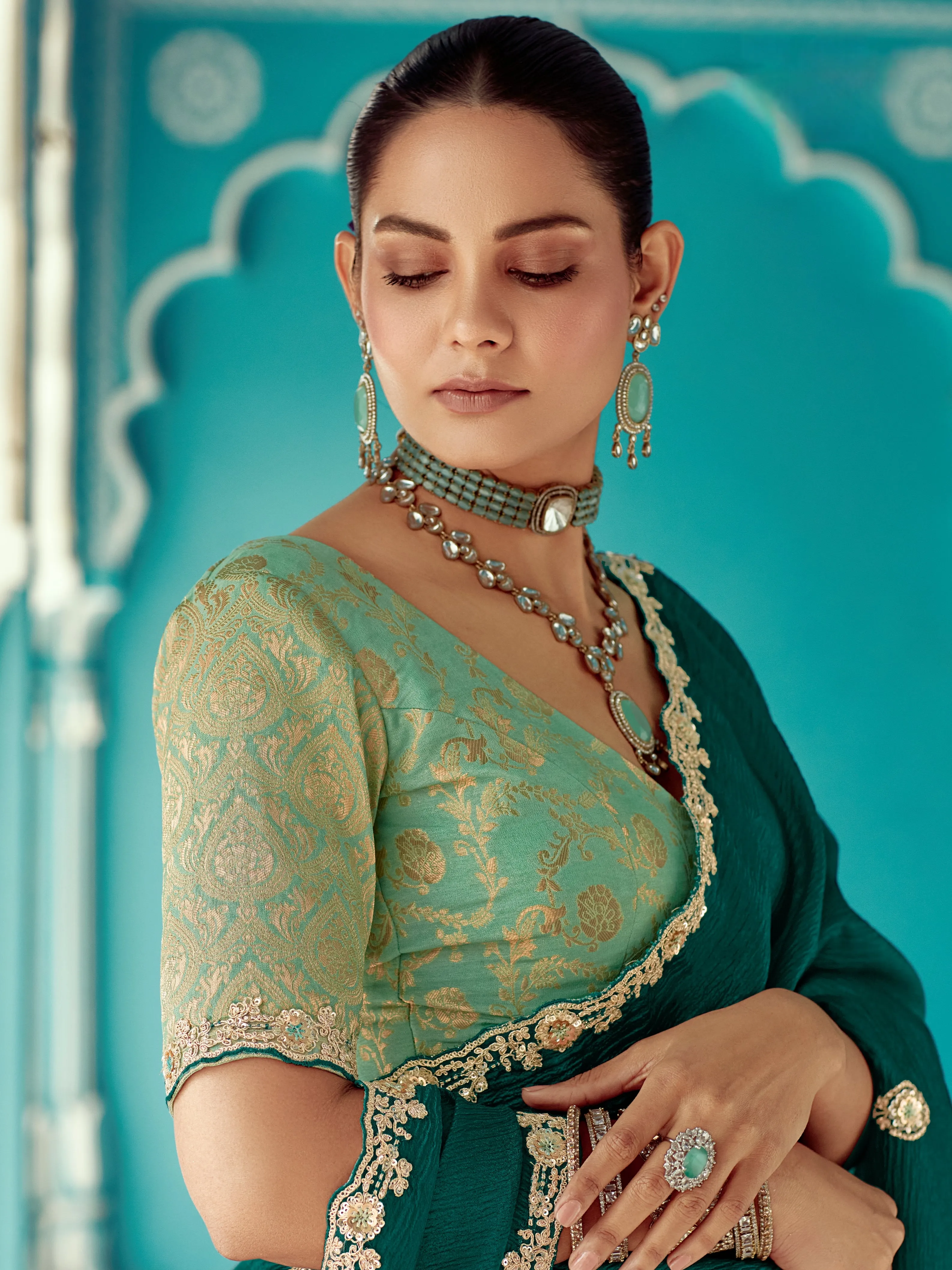 Bottle Green Organza Saree with Sequin Embroidery