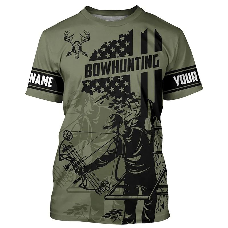 Bow Hunter Deer Hunting American Flag Custom 3D Long Sleeve Shirts, Bowhunting Shirt For Hunter