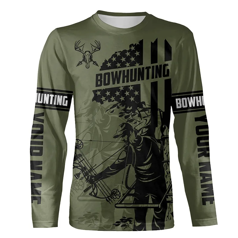 Bow Hunter Deer Hunting American Flag Custom 3D Long Sleeve Shirts, Bowhunting Shirt For Hunter