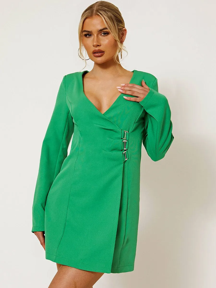 Brooke Wrap Front Blazer Dress With Buckle Detail In Green