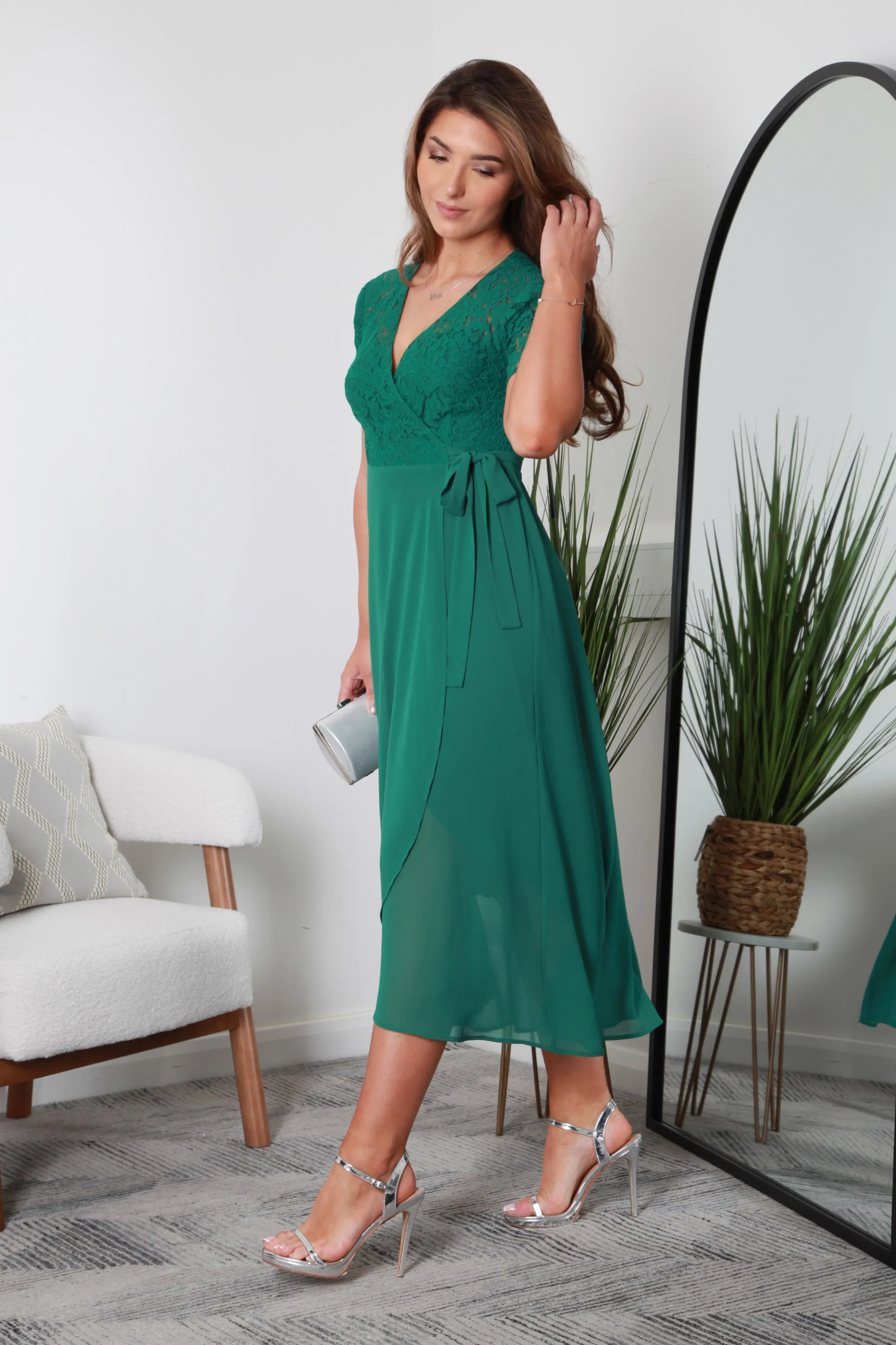 Double Second Lace And Chiffon High Low True Wrap Dress