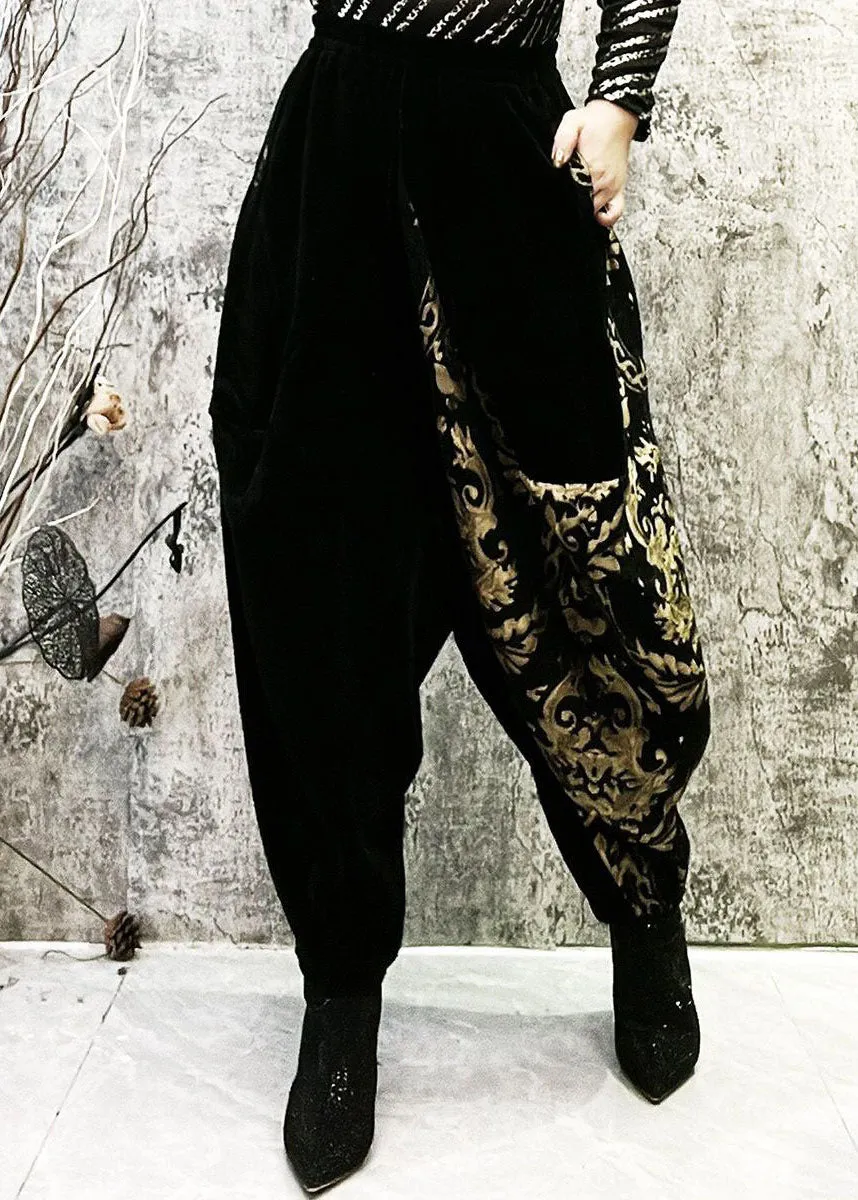 Fashion Black Embroideried Pockets Patchwork Corduroy Lantern Pants Spring LY4584