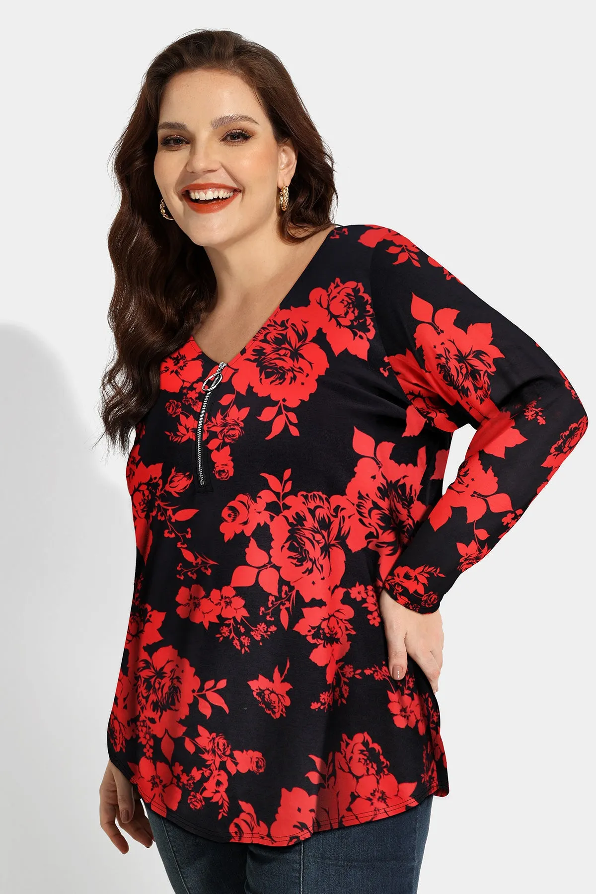Floral Print Zipper Up Long Sleeve Shirt