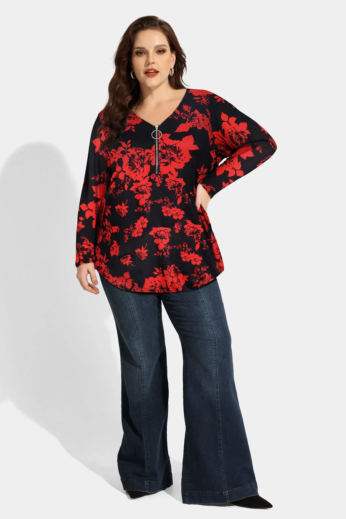Floral Print Zipper Up Long Sleeve Shirt