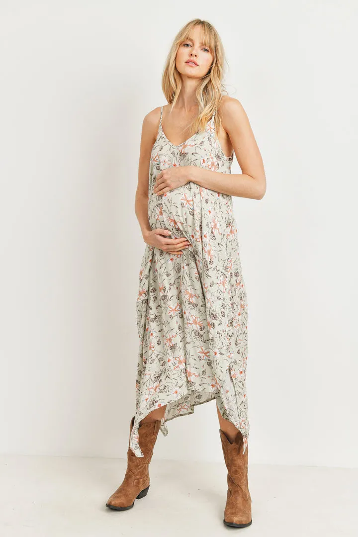 Floral Spaghetti Strap Maternity Midi Slip Dress - Sage