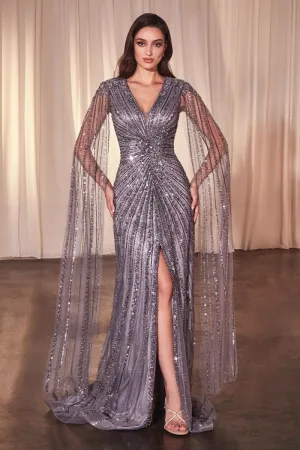 FORMAL LONG SHEATH SEQUISN EMBELLISHED TULLE DRESS W/ FLOOR LENGTH SLEEVES