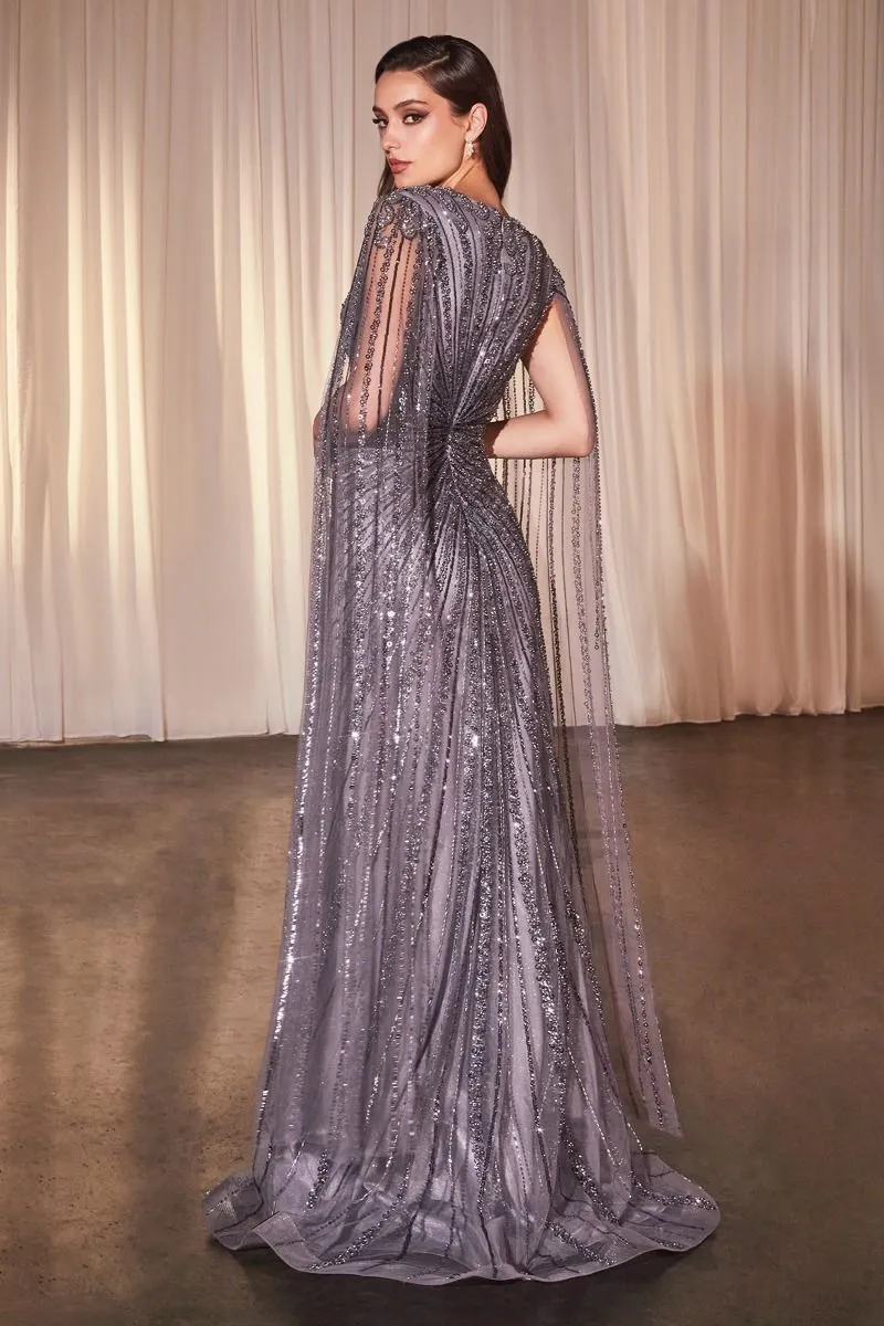 FORMAL LONG SHEATH SEQUISN EMBELLISHED TULLE DRESS W/ FLOOR LENGTH SLEEVES
