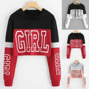 Girls Fashion Hoodie Crop Top Sweatshirt  Pullover Women Patchwork