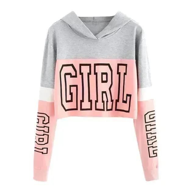 Girls Fashion Hoodie Crop Top Sweatshirt  Pullover Women Patchwork
