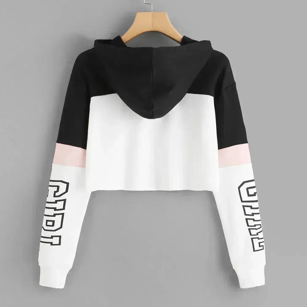 Girls Fashion Hoodie Crop Top Sweatshirt  Pullover Women Patchwork