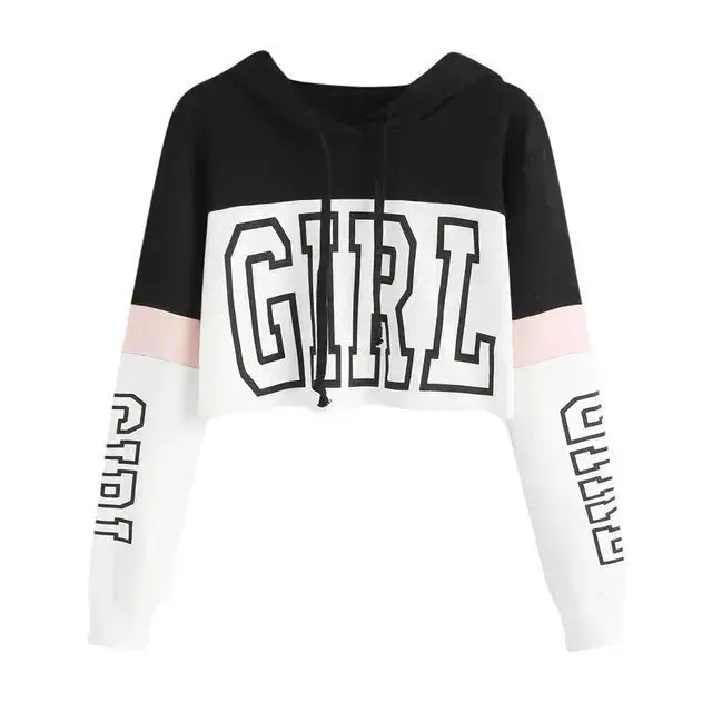 Girls Fashion Hoodie Crop Top Sweatshirt  Pullover Women Patchwork