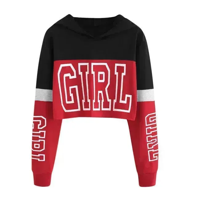 Girls Fashion Hoodie Crop Top Sweatshirt  Pullover Women Patchwork