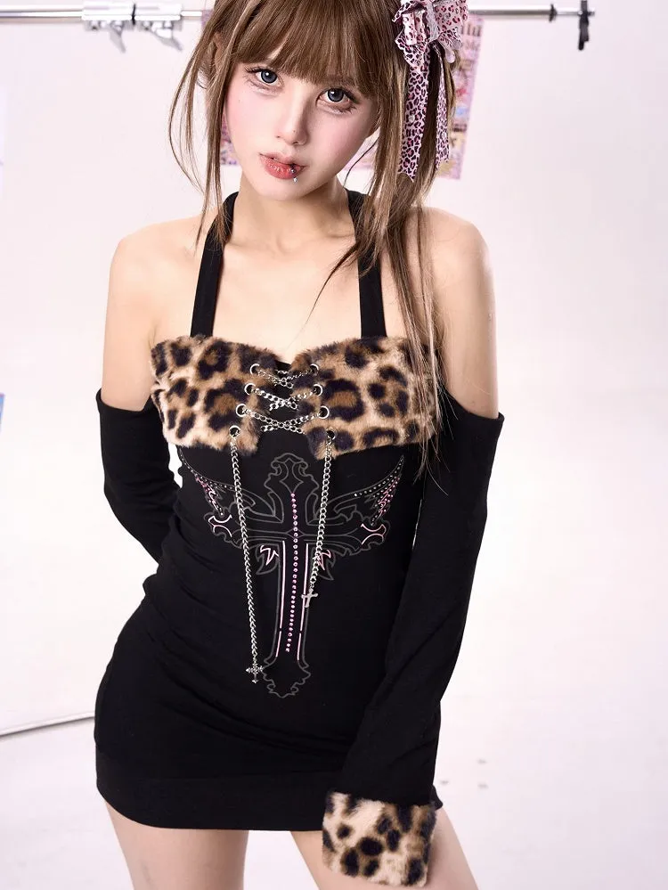 Gyaru Fashion Brown Leopard Plush Hem Cross and Wing Print Glamorous Dress