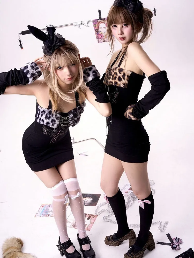 Gyaru Fashion Brown Leopard Plush Hem Cross and Wing Print Glamorous Dress
